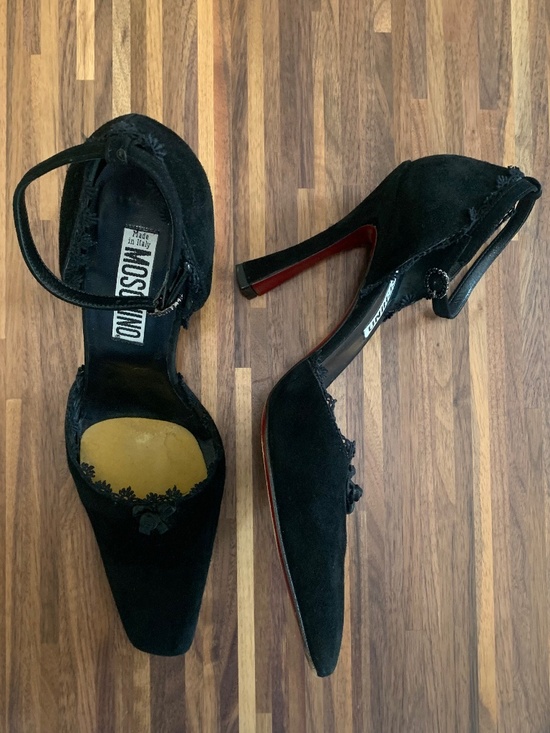 Vintage Moschino Lace Trim Suede Heels - Picture 2 of 13